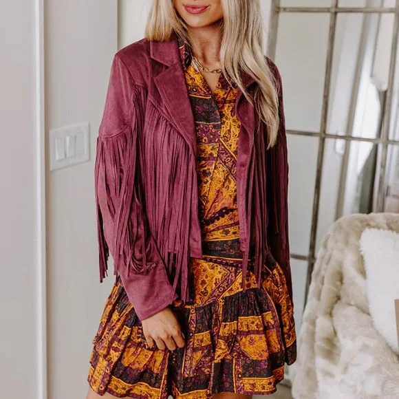 Fringed Burgundy Jacket boho tassel - Picture 3 of 3